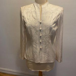 Adrianna Papell off-white silk jacquard Nehru jacket with embroidery and beading